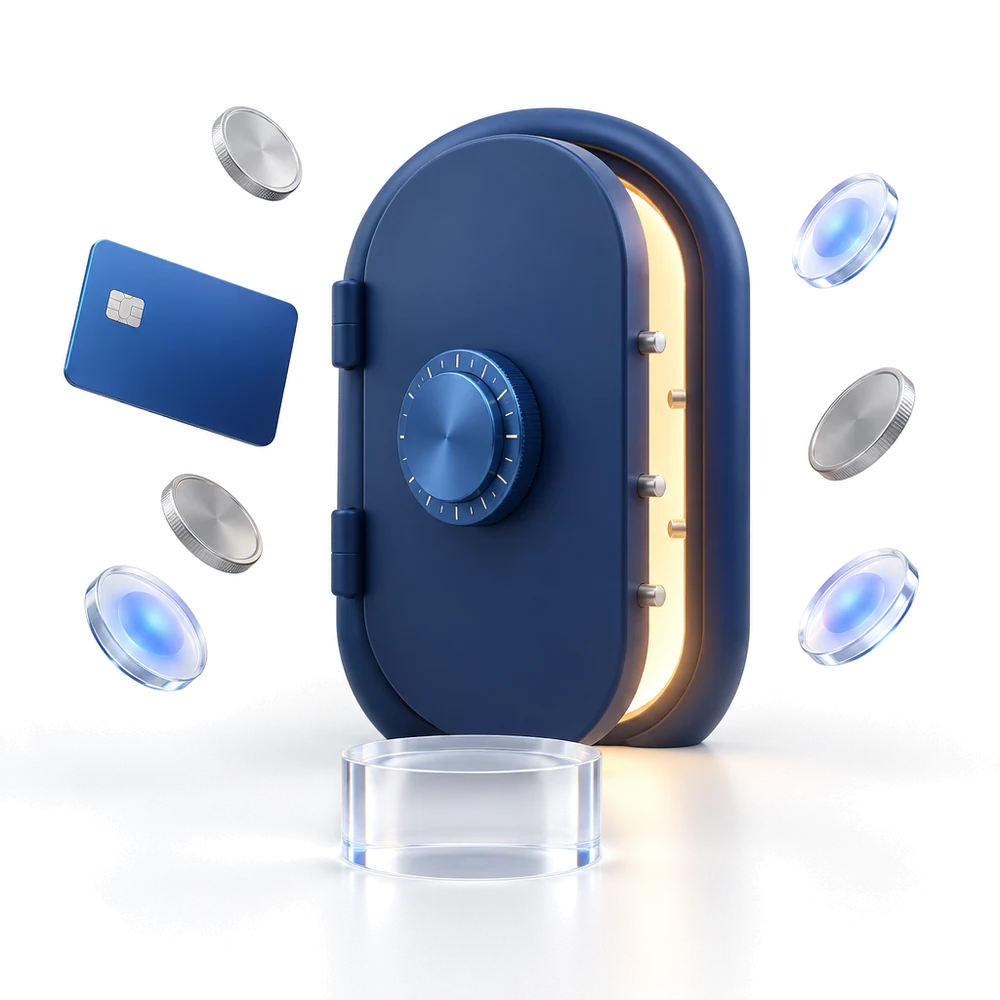 An open vault door with a blue dial, a card and coins floating around it